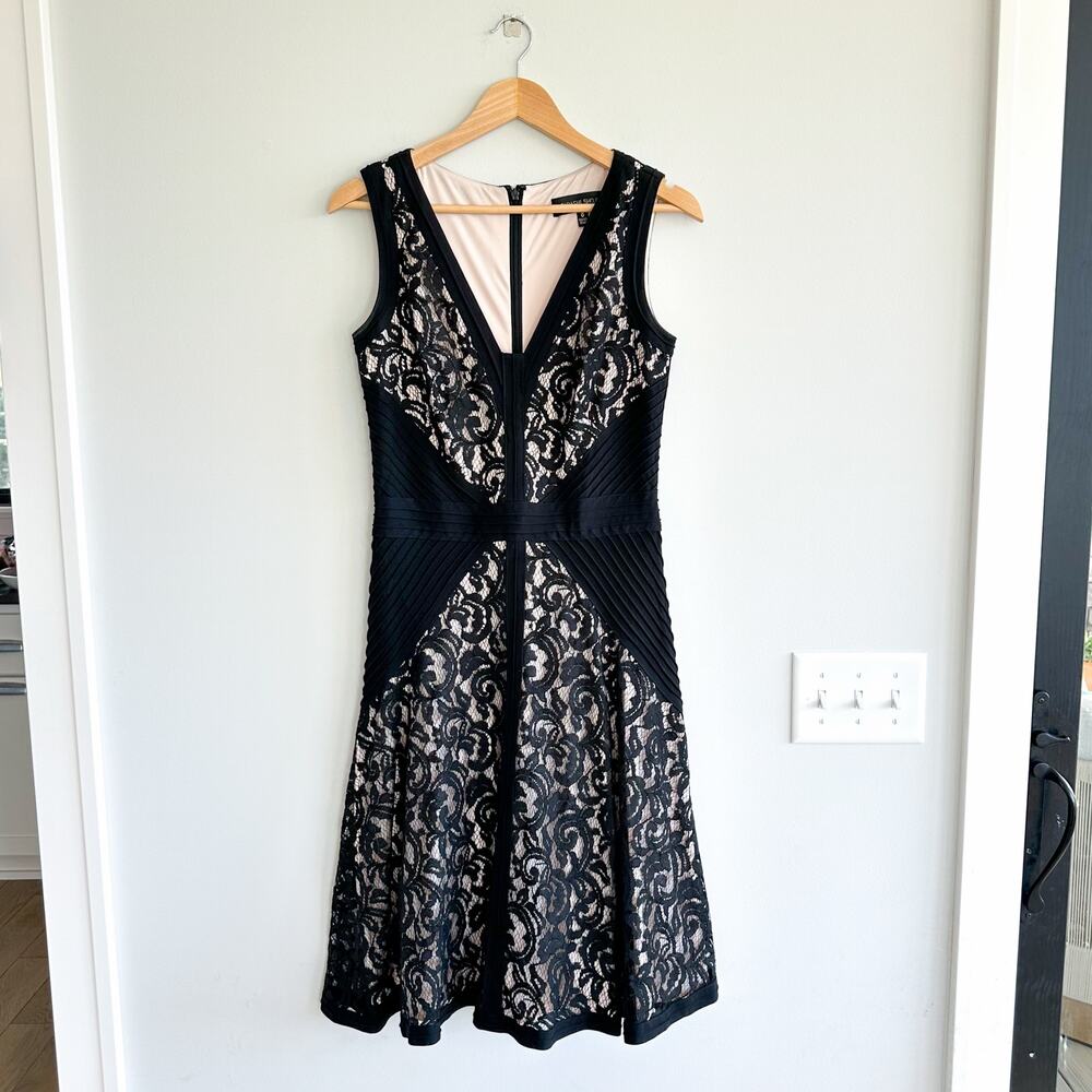 Tadashi Shoji Stretch Lace Jersey Fit & Flare V-Neck Dress Nude Black 8